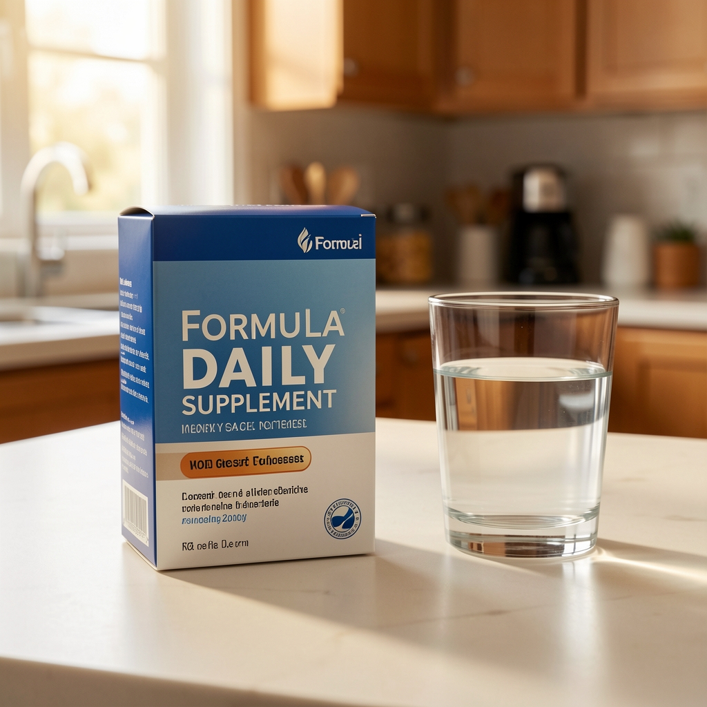 Hair Growth Formula daily supplement pack resting on a warm, clean kitchen surface beside a glass of water