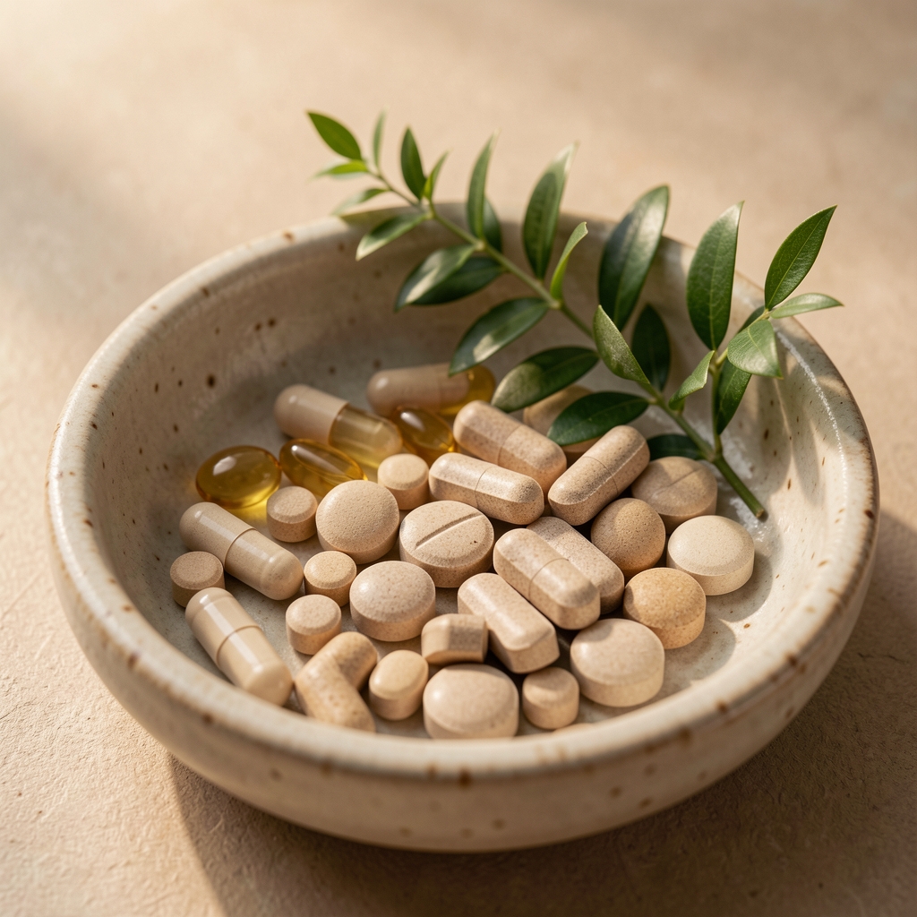 Close view of biotin and zinc supplement ingredients arranged in a ceramic dish with a botanical sprig