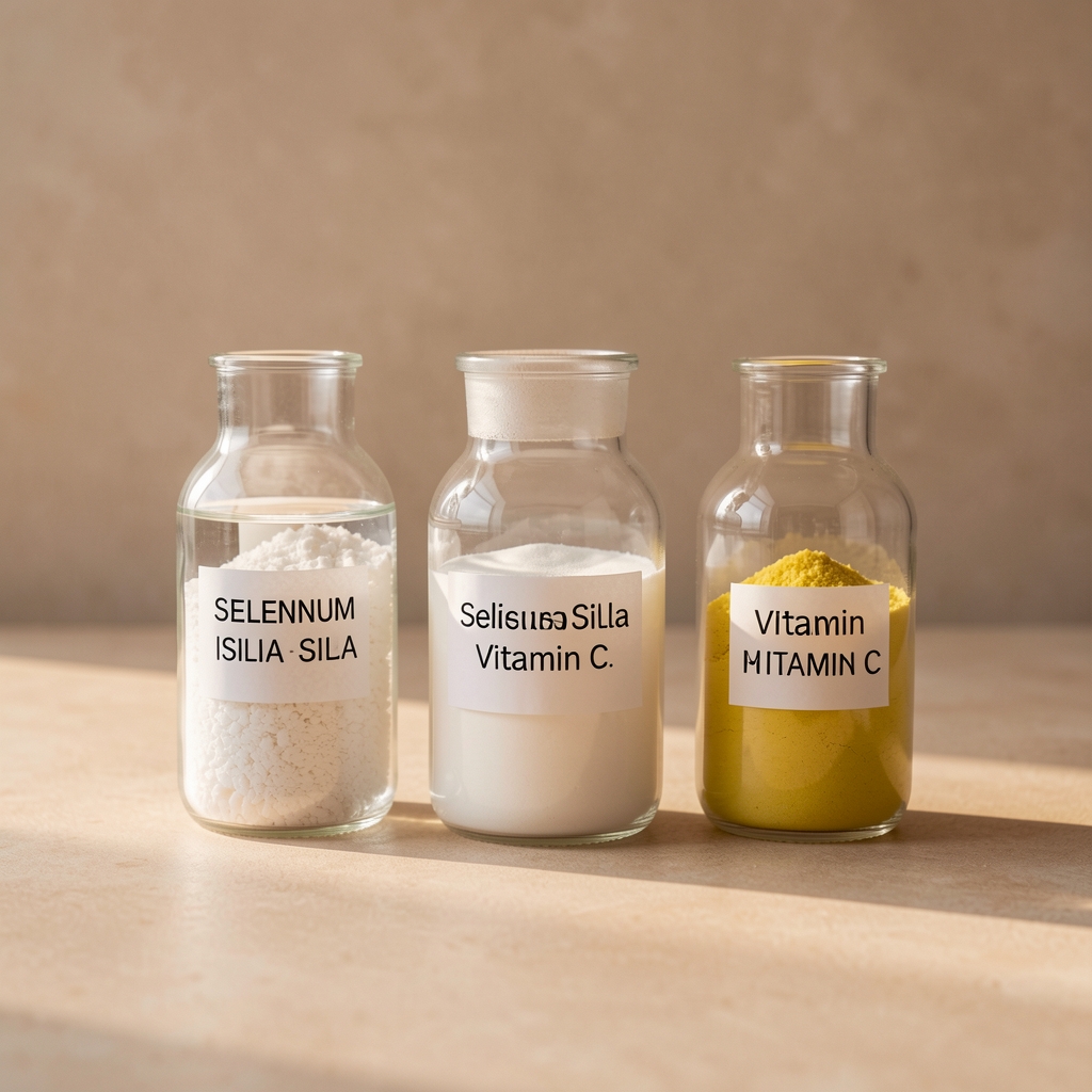 Selenium silica and Vitamin C ingredient concept with labelled glass vessels on a warm neutral worktop