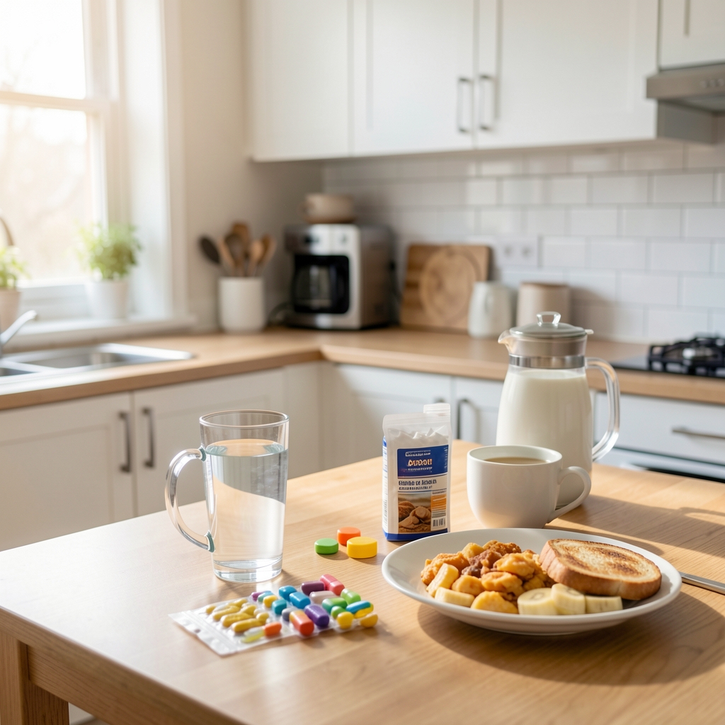 Simple morning routine with a notebook, water glass and supplement pack on a light wooden table