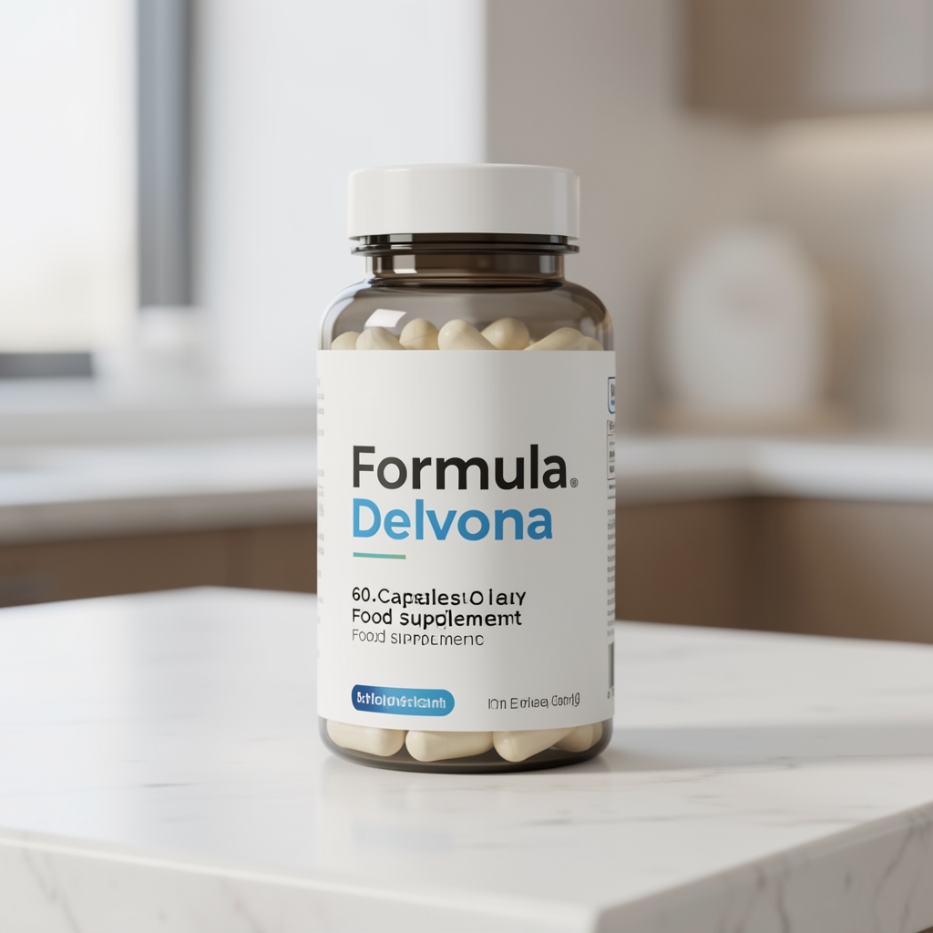 Hair Growth Formula by Delvona — 60 capsules daily food supplement standing upright on a countertop